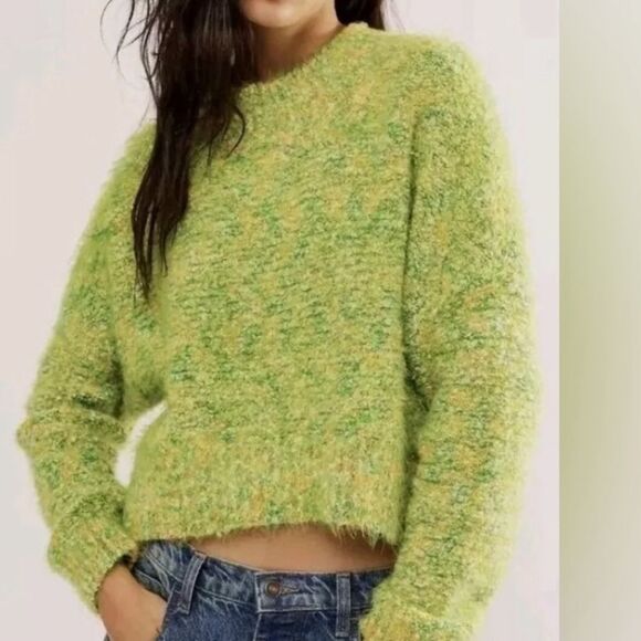 NWT free people stardust pullover lemon lime green yellow fuzzy mock sweater - Picture 2 of 7